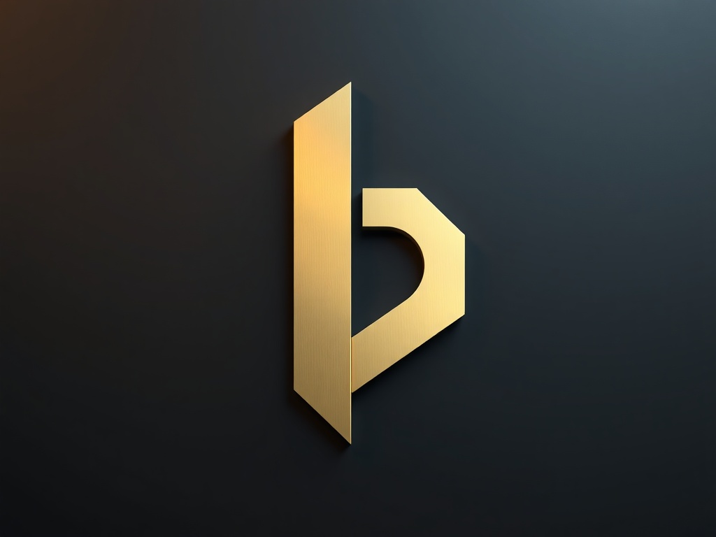 A sleek, minimalist geometric logo shape resembling an abstract hourglass or infinity symbol, rendered in brushed gold on a dark slate background, with subtle studio lighting highlighting the edges. Product photography, 8k.